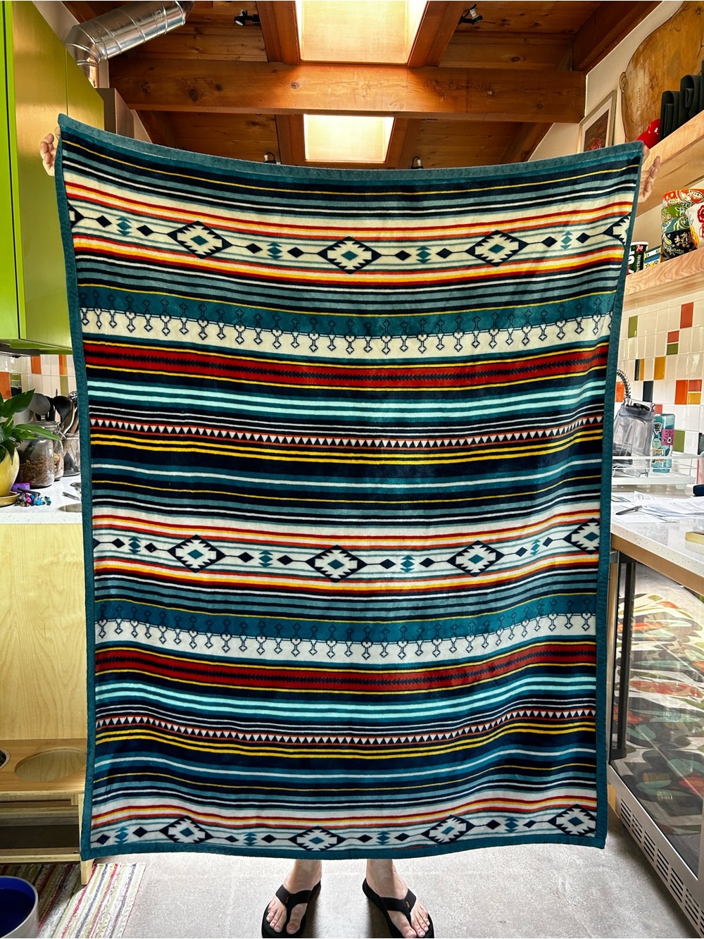Cozy Teal & Multicolor Striped Southwestern Throw Blanket Sherpa & Minky Fleece